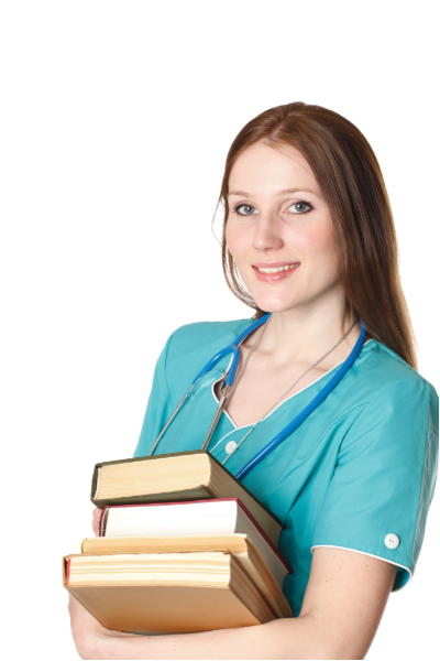 A woman in medical scrubs holding several books and a stethoscope, standing against a plain background.