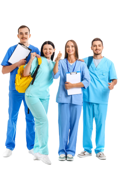 Four medical professionals or students in scrubs stand together, smiling, holding clipboards, and giving a thumbs up, with one carrying a yellow backpack.