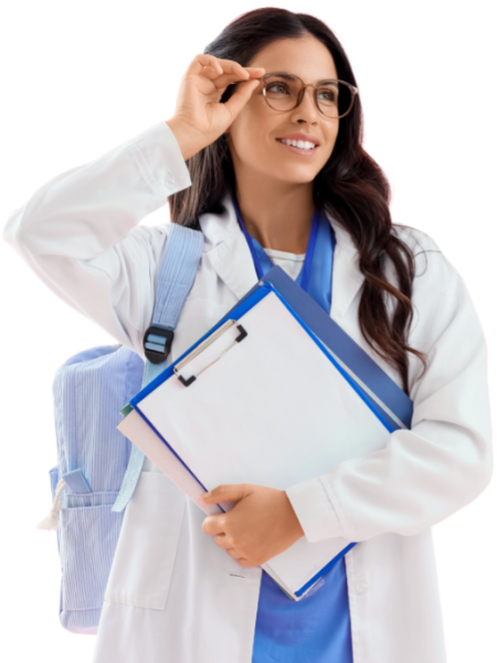 A woman in a white lab coat and blue scrubs holds folders and wears a backpack, adjusting her glasses and looking to the side.
